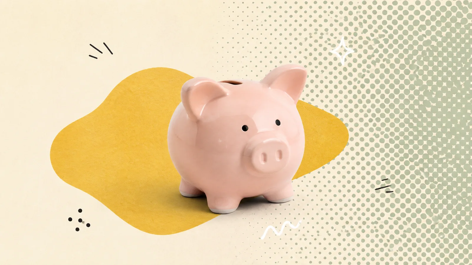 A pale pink ceramic piggy bank on a mustard paper blob over a field of sage halftone dots, cut out on a grained paper-collage ground