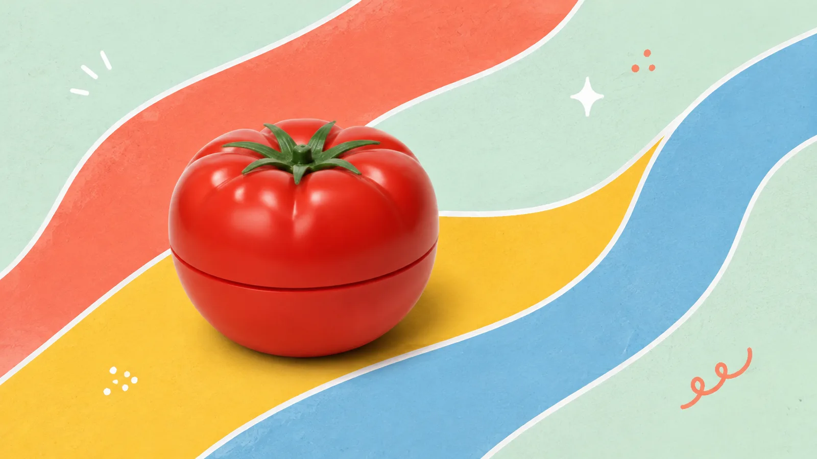 A red tomato-shaped kitchen timer, cut out on a grained paper-collage ground
