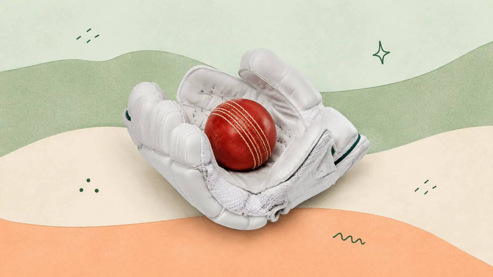 A pair of cricket wicketkeeping gloves with a red ball resting on them, cut out on a grained paper-collage ground