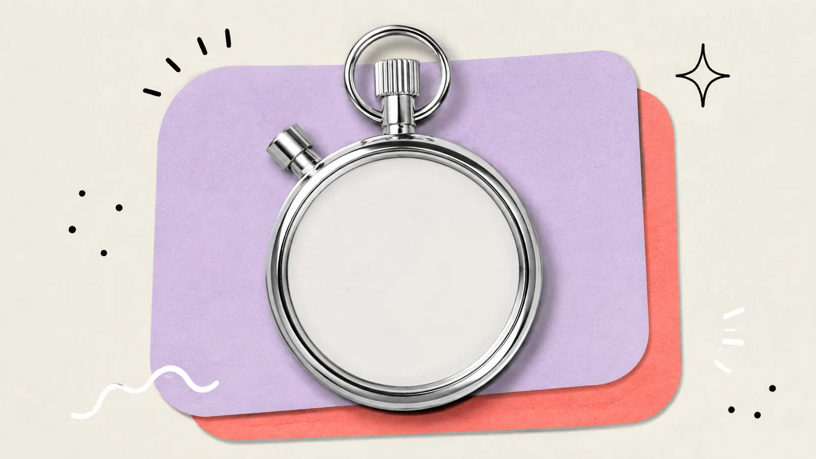 A classic mechanical stopwatch with a chrome case, cut out on a grained paper-collage ground