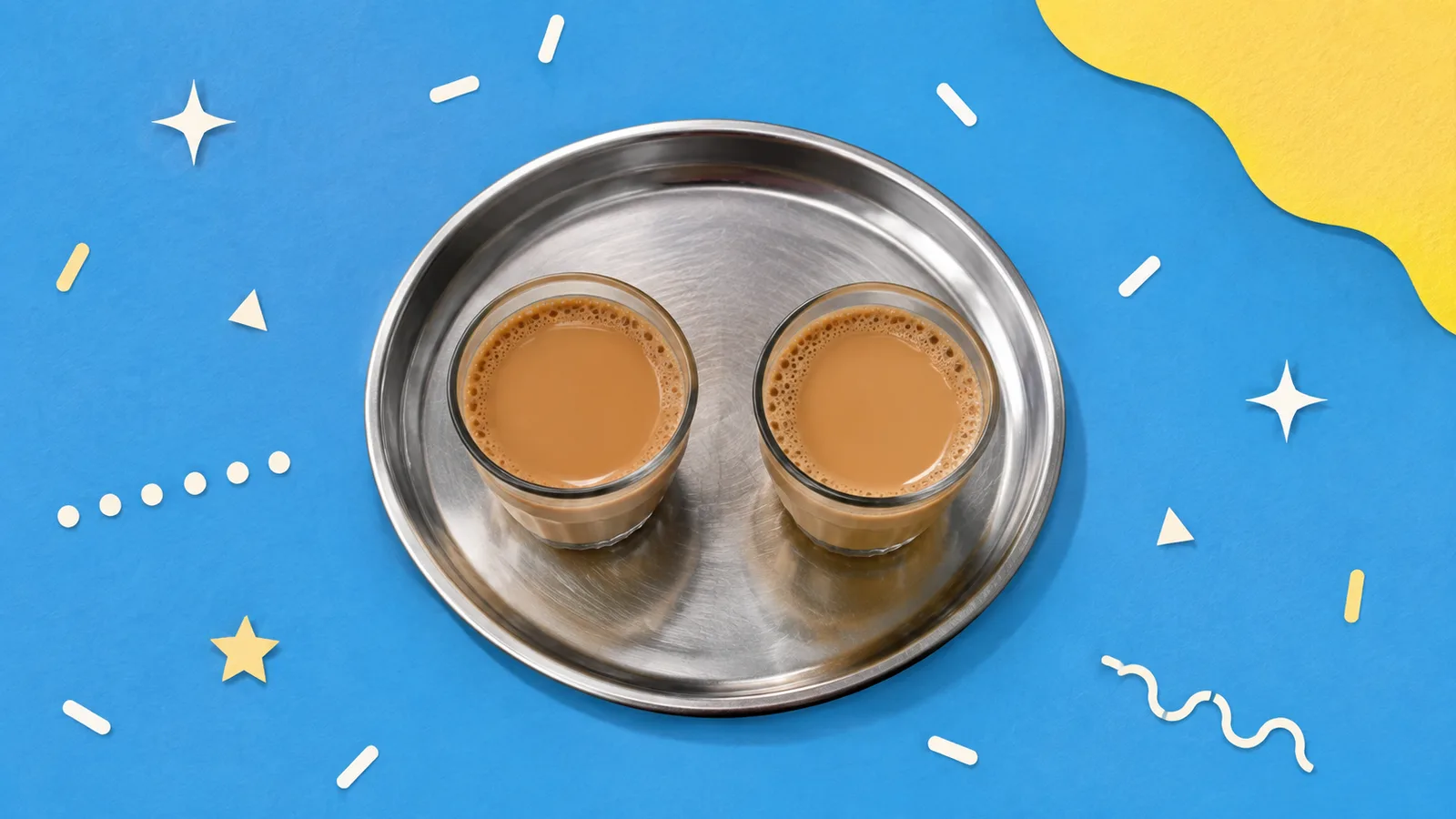Two small glasses of milky chai on a steel tray, seen from above, cut out on a grained paper-collage ground