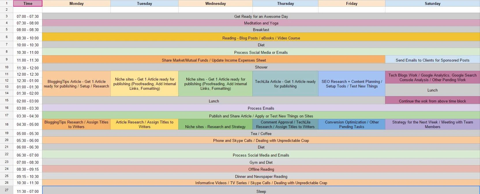 My 24-hour time block sheet from September 2015: one row per half hour, Monday to Saturday