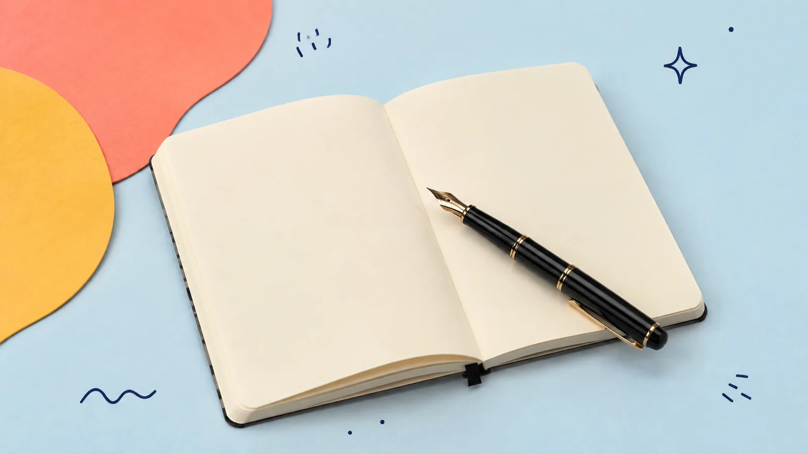 A fountain pen resting on an open blank notebook, cut out on a grained paper-collage ground